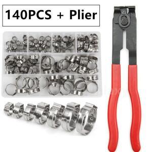 싱글 이어 스텝리스 호스 클램프 304 스테인레스 스틸 1PC 클립 플라이어 키트 모듬 140PCs 7-21mm