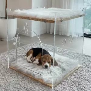 실내 고양이 침대와 작은 강아지 위한 아늑한 더블 레이어 클리어 우드 집 - 부드러운 담요 아크릴 사각