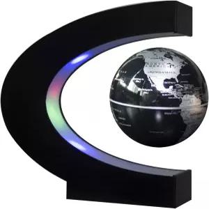 LED 조명이 있는 플로팅 글로브 송신기 C 모양의 자기 부상 책상 장식용 세계 지도 블랙 실버