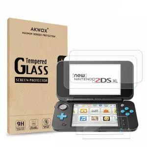 AKWOX 4팩 강화 유리 상단 LCD 화면 보호기 새로운 닌텐도 2DS XL에 호환되는 HD 클리어 크리스탈 버튼