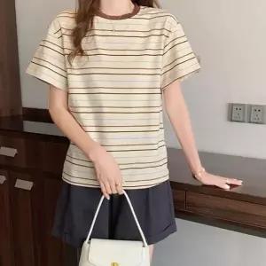 면 여름 라운드 스트라이프 반팔 여성 티셔츠 캐주얼 반팔티 단가라 원픽 셀파