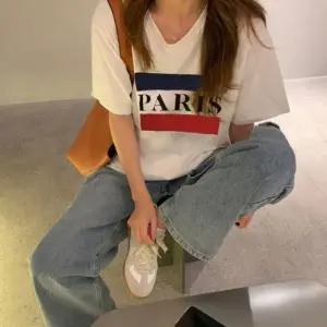 파리레터링 클릭유도 순면 반팔 오버핏 티셔츠 여성 여름 여자티셔츠