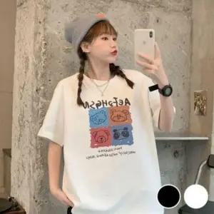 여자 반팔티 여성 여자반팔면티 롱티셔츠 여름 여자 반팔티 티셔츠 프린팅 곰돌이 반팔 오버핏 크롭티