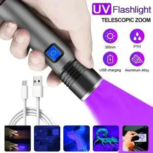 395nm UV 손전등 블랙 라이트 USB 충전식 Zoomable 자외선 애완 동물 소변 감지기 수지 경화 용 자외선 손