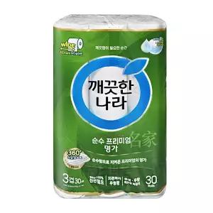 깨끗한나라 순수 프리미엄 명가 3겹 30m 30롤x1개 (와이드 너비 107mm) 롤 화장지 두루마리 휴지