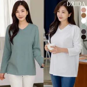 드리다 여자 봄 가을 슬라브 브이넥 긴팔 면티 루즈핏 빅사이즈 흰 티셔츠 화이트 40-50대 미시 중년 여성