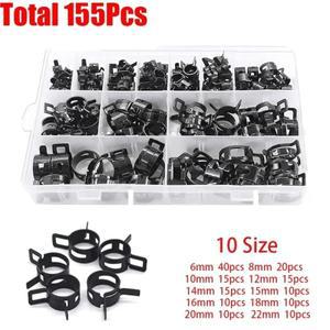 155Pcs 스프링 밴드 호스 클램프 구색 키트 실리콘 진공 파이프 6-22mm 저압 공기 클립 (검정색)