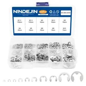 NINDEJIN E-클립 모음 키트 M1.2-M10 스테인리스 스틸 탄소강 스냅 링 와셔 E-모양 외부 고정 430pcs