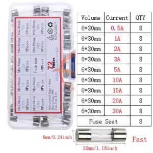 빠른 블로우 자동차 유리 튜브 퓨즈 세트 다양한 키트 0.5A 1A 2A 3A 5A 10A 15A 20A 30A AMP 6x30mm 72 개