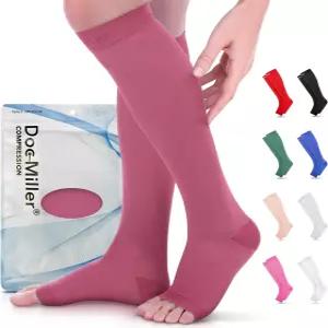 닥 밀러 오픈 토 압박 양말 남녀용 15-20mmHg 종아리 지지 소매 스타킹 넓은 발가락 디자인 1켤레