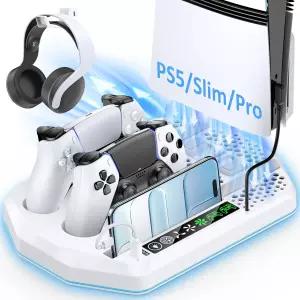PS5/Slim/Pro용 컨트롤러 충전기가 있는 냉각 스테이션 디스크 및 디지털 콘솔용 PlayStation 5 수직