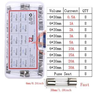 고속 블로우 자동차 유리 튜브 퓨즈 세트  다양한 키트  0.5A  1A  2A  3A  AMP  6x30mm  72 개