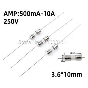 20개 3.6x10MM 유리 퓨즈 250V 0.5A 1A 2A 3A 3.15A 4A 5A 6.3A 8A 3x10mm 핀 포함 고속