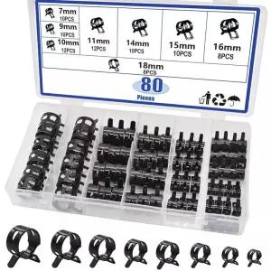80Pcs 스프링 밴드 호스 클램프 구색 키트 실리콘 진공 파이프 7-18mm 저압 에어 클립 검정색