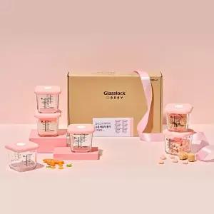 [글라스락] 베이비 눈금 이유식용기 큰용량 270ml 스마일캡 6조 선물세트 (핑크)