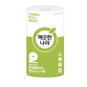 (4롤1백) 점보롤 티슈 2겹 베이직 관공서 병원 95x300m/두루마리/휴지/롤휴지/화장실/업소용/대형/가성비