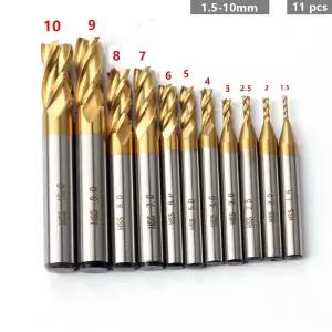 7Pcs/11Pcs 밀링 커터 4 플루트 티타늄 코팅 HSS 엔드 밀 세트 목재 강철 밀링 용 1.5-10mm CNC 라우터 비