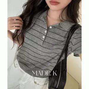 라헨 린넨 스트라이프 버튼 카라 반팔 니트