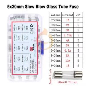 50개 10가지 값 5x20mm 슬로우 블로우 유리관 퓨즈 T1A-T15A 모듬 키트