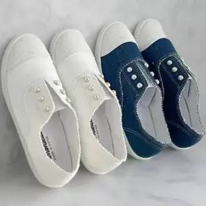 [하프클럽/다잇템]여성 운동화 면직물 진주큐빅 캐쥬얼 단화