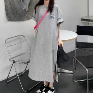 여성 오버핏 옆트임 롱 반팔 티셔츠 원피스 홈웨어 트임 데일리 캐주얼 편안한 루즈 라운지 마실룩 원마일