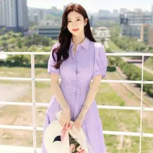 라일락 벌룬소매 스트라이프 셔츠 원피스1216490