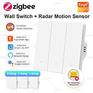 레이더 모션 센서가 장착된 Tuya ZigBee 스마트 라이트 스위치 중성선 없음 커패시터 필요 벽 Alexa Google