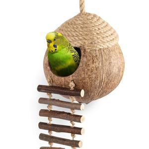 ANDWE 앵무새 CONURES COCKATIEL용 사다리가 있는 둥지 오두막 케이지 코코넛 서식지 작은 동물 애완동물 장식