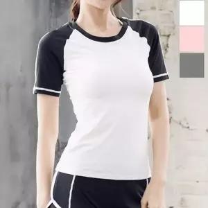 여자 배색 반팔 티셔츠 래쉬가드 요가복 운동 데일리 패션-WFO4VQB