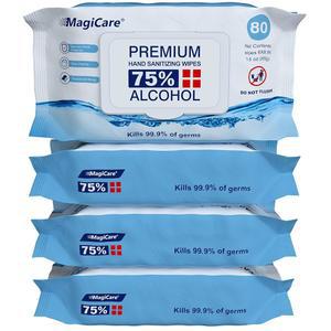 MagiCare 75% 대형 알코올 물티슈(4-80ct 팩) - 알코올 손 소독 물티슈, 프리미엄 - 무향 손 물티슈, 소독