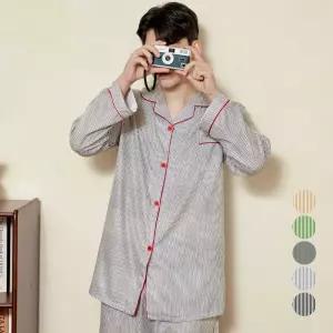 라이트 스트라이프 사계절 파자마 남성 셔츠카라 잠옷세트
