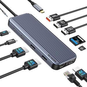 USB C 도킹 스테이션 3 HDMI, 12 in 1 트리플 디스플레이, 듀얼 모니터 도크, 노트북 USB-C 허브 HDMI 및 10Gbps, 이더넷, A/C 3.1, 2.0, 100W PD, 오디오 마이크, SD