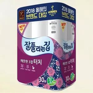 쿨샵 잘풀리는집 깨끗한 3겹터치 화장지 30롤 휴지/사각/티슈/물에녹는화장지/화장실/생필품/각휴지/하얀