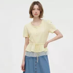 망사 배색 프릴 넥 블라우스 PBVFF6M1BL5351