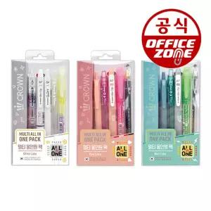 크라운 멀티 올인원팩 선물 세트 학용품 문구 학생 필기구 졸업 입학 패키지 3색 볼펜 샤프 형광펜