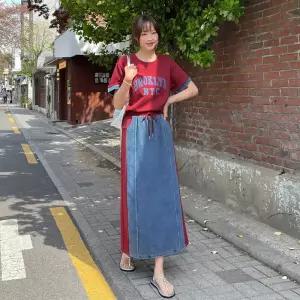 [핑크시슬리] SET/쉘즈 데님믹스 배색 세미크롭 스커트세트