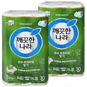 깨끗한나라 순수 프리미엄 명가 3겹 30m 30롤x2개 (와이드 너비 107mm) 롤 화장지 두루마리 휴지
