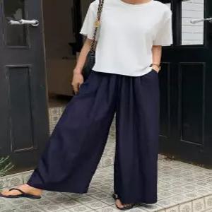 다크블루 찰랑찰랑 와이드핏 밴딩 치마바지 (one color)
