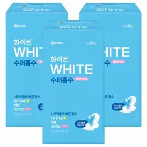 화이트 수퍼흡수 흡수력좋은 울트라슬림 생리대 날개형 대형 32개입 3개