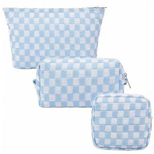 여성용 FFpaw 3Pcs 메이크업 가방 세트 체크무늬 여행용 세면도구 큰 소형 미니 파우치 지퍼 브러시 에스테