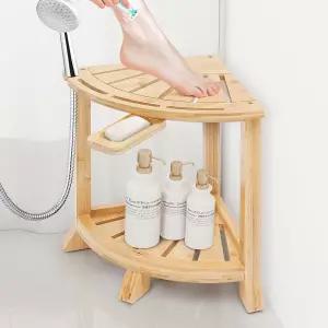 보관 선반이 있는 대나무 샤워 의자 2-in-1 코너 및 발 받침대 미끄럼 방지 노인용 욕실 시트 면도기
