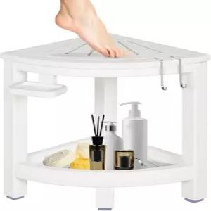 후크 비누 접시가 있는 2단 코너 샤워 스툴 다리 면도용 HDPE 벤치 미끄럼 방지 발 패드가 나무 모양 방수