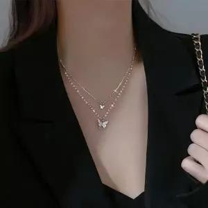 [하프클럽/]2줄 나비 펜던트 혼합 체인 목걸이 큐빅 장식 심플 포인트 데일