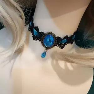 [하프클럽/]블루 벨벳 레이스 초커 목걸이 보석 장식 액세서리
