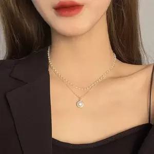 [하프클럽/]더블 체인 진주 초커 목걸이 레이어드 팬던트 두줄 진주목걸이