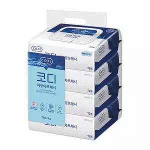 (튼튼)쌍용 코디아쿠아 프레시 물티슈 캡형 72매X4입 다용도 가정용 뚜껑 뽑아쓰는 일회용 청소 휴대용