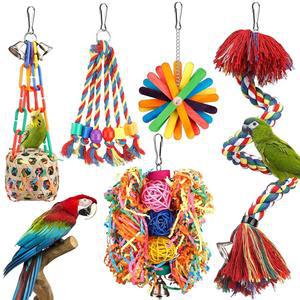 BIRD TOYS 달린 로프 퍼치 다채로운 케이지 그네 스탠딩 걸이 등반 장난감 채집 BUDGIES 액세서리 씹는 CONURE 앵무새 LOVEBIRD COCKATIEL 슈레딩