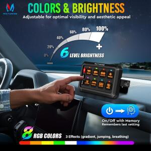 MICTUNING P1Y 스위치 패널(무선 원격 제어 포함), 8구 회로 상자 RGB 색상 토글 순간