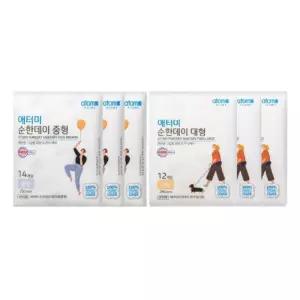 애터미 순한데이 생리대 대형 12매 x 3팩 + 중형 14매 x 3팩