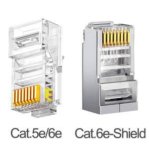 100개/상자 금도금 RJ45 플러그 네트워크 크리스탈 헤드 기가비트 이더넷 케이블 연결 Cat5e/Cat6e 쉴드 포